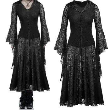 Gothic Retro Negru Dantelă Rochie De Halloween Femei Vestidos Palat Medieval Rochie Lunga Cosplay Îmbrăcăminte Maneci Liliac Groază Rochie Vrăjitoare