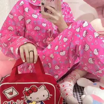 Hello Kitty Pijamale Drăguț Desene Animate Sanrio Set De Pijama Cu Mâneci Lungi, Pantaloni Cardigan Pentru Femei De Top De Îmbrăcăminte Sleepwear Set Haine De Acasă